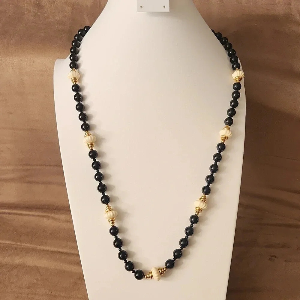 Vintage Mid Century Knotted White Bead, Onyx and Gold Strand Necklace